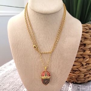 Vintage Faberge Egg Gold Plated Red Pendant Necklace 36"